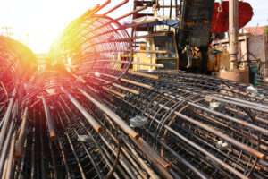 close up group of steel structure make for bored pile in big construction site
