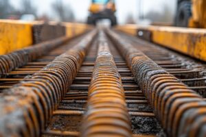 Detailed view of rusty steel rebars at a construction site, with blurred heavy machinery in the background, showcasing industrial and construction themes.