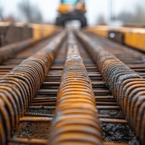 Detailed view of rusty steel rebars at a construction site, with blurred heavy machinery in the background, showcasing industrial and construction themes.