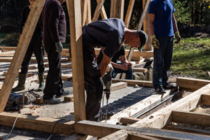 Construction of a wooden cabin in a remote forest area