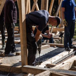 Construction of a wooden cabin in a remote forest area