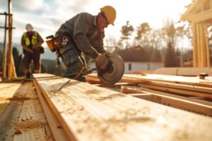 Construction workers building wooden floor in home construction project with tools and materials