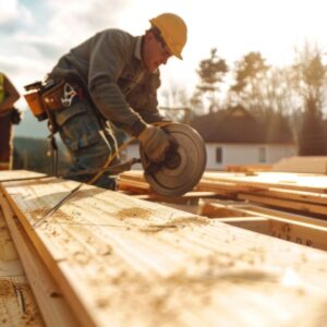 Construction workers building wooden floor in home construction project with tools and materials