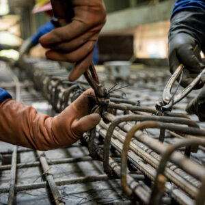 A group of builders is busy constructing a metal structure.