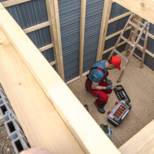 Wood Skeleton Frame and Composite Walls Garden Storage Shed Building by Caucasian Professional Shed Builder. Backyard Garden Tools Storage.